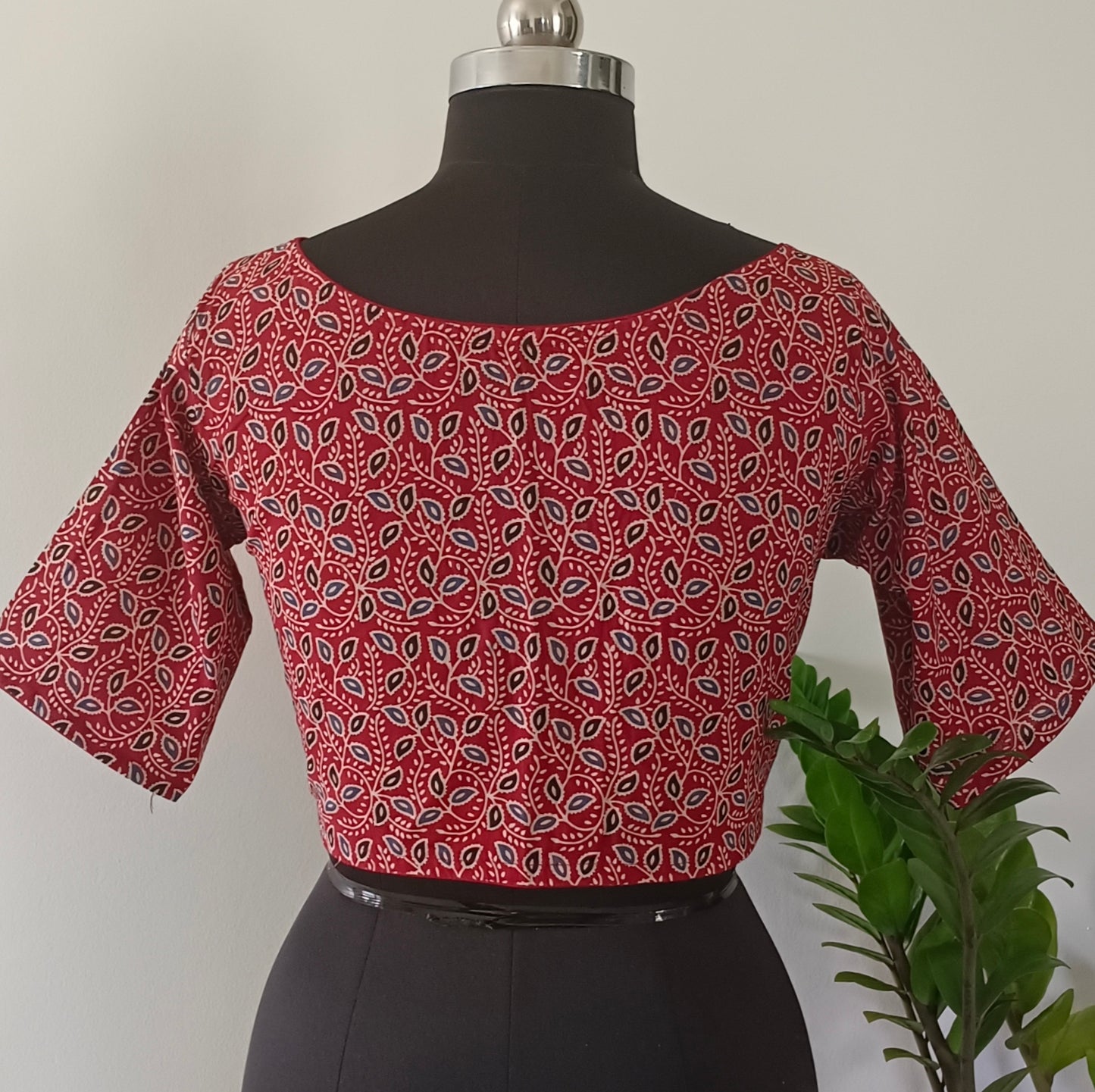 Maroon Printed Cotton Blouse with Boat Neck