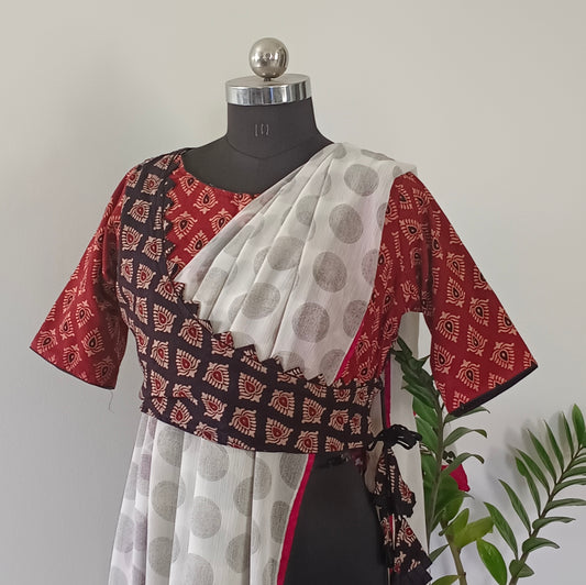 Maroon Cotton Pallu Wrap Blouse with Boat Neck