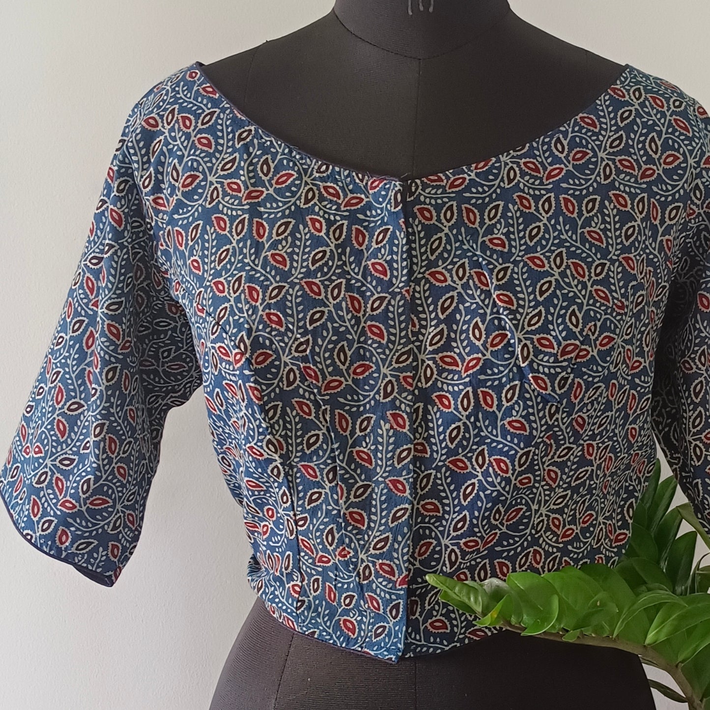 Blue Printed Cotton Blouse with Boat Neck