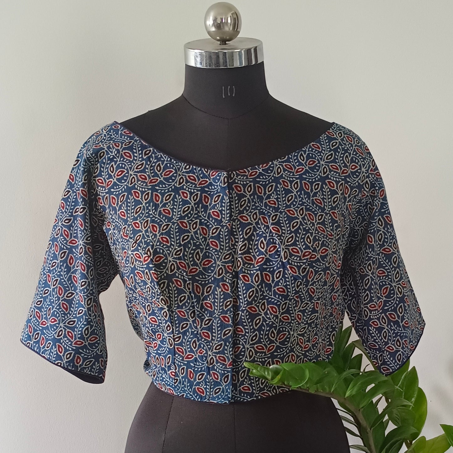 Blue Printed Cotton Blouse with Boat Neck