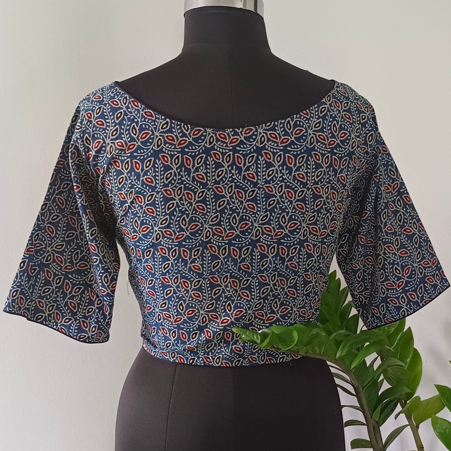 Blue Printed Cotton Blouse with Boat Neck