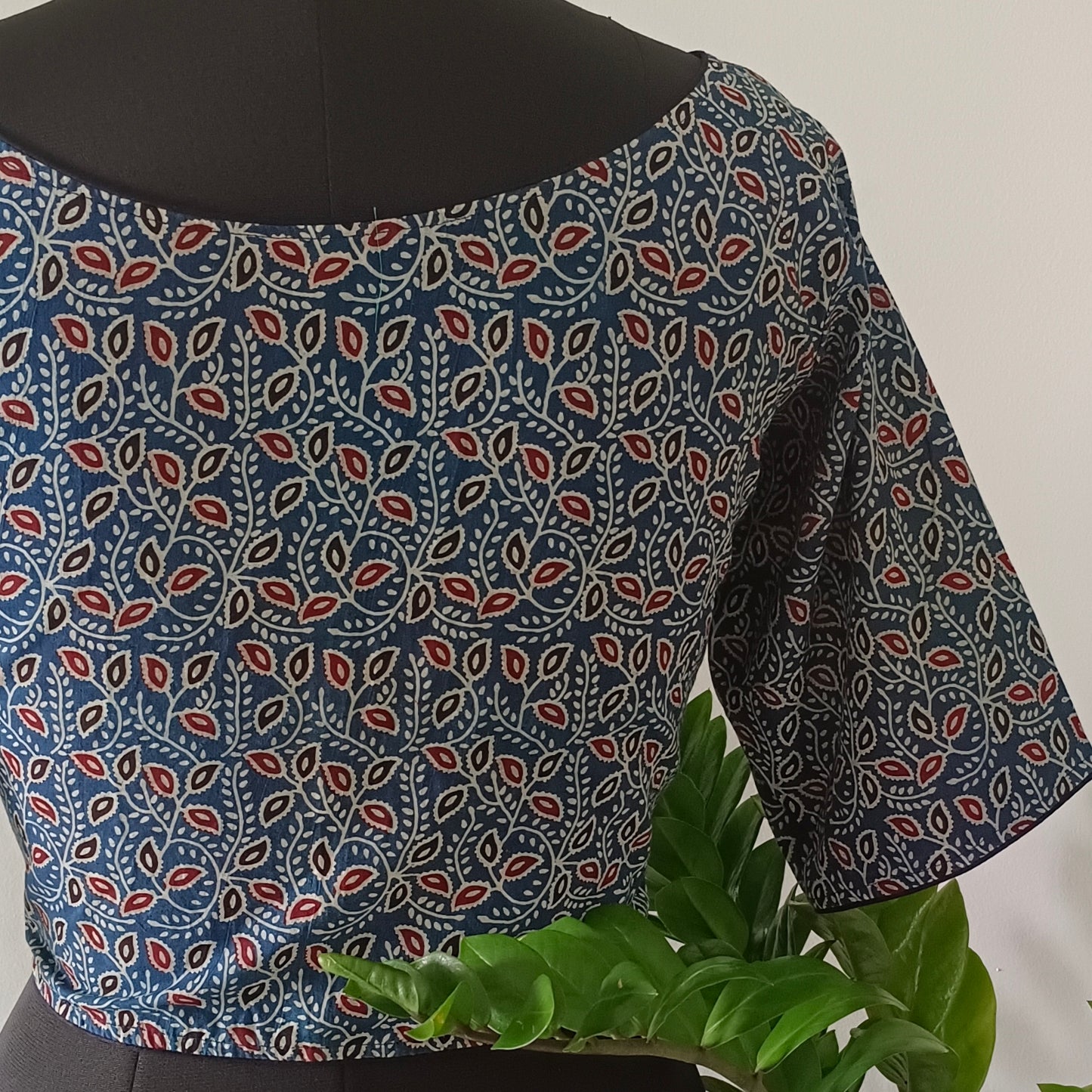 Blue Printed Cotton Blouse with Boat Neck