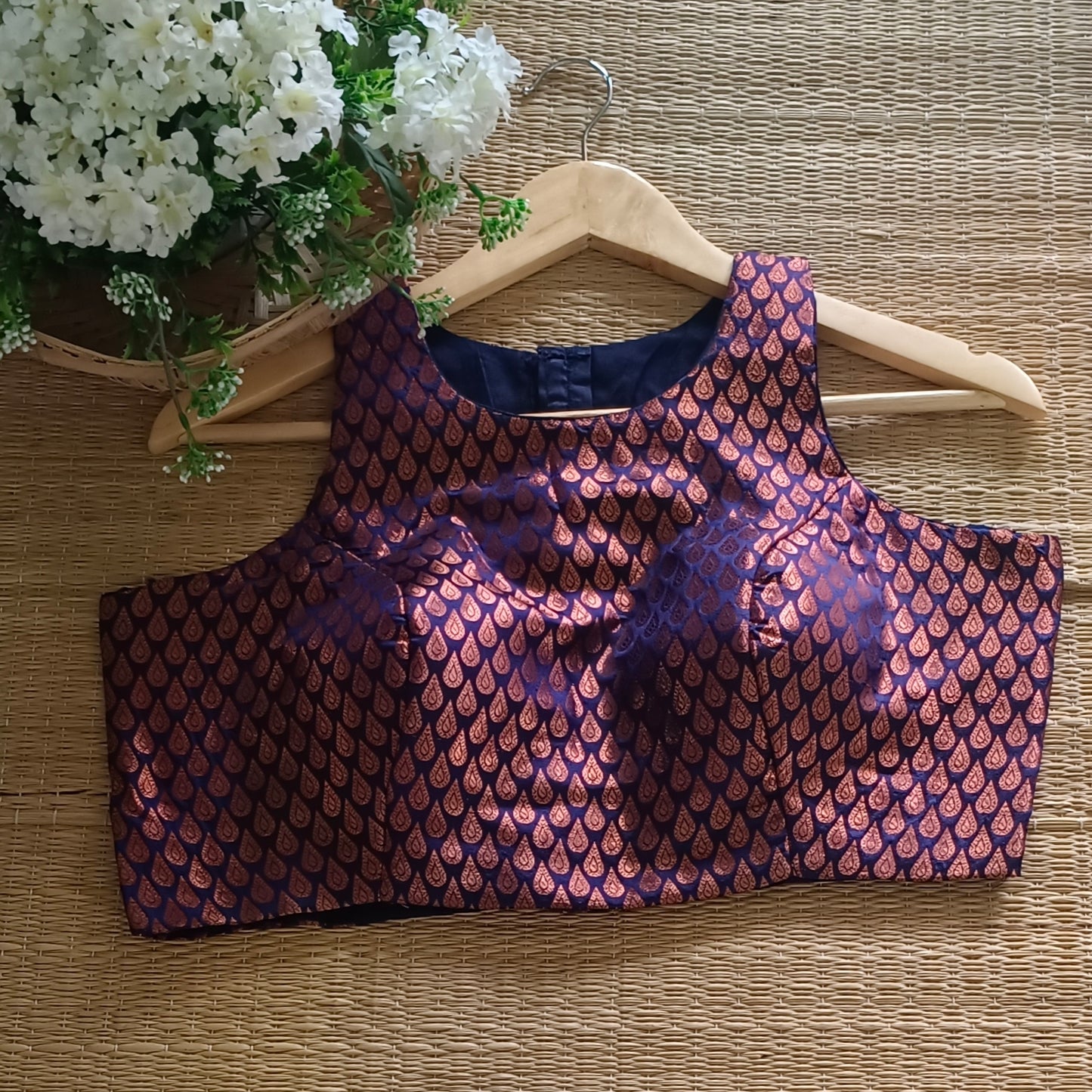 Navy Blue Brocade Sleeveless Blouse