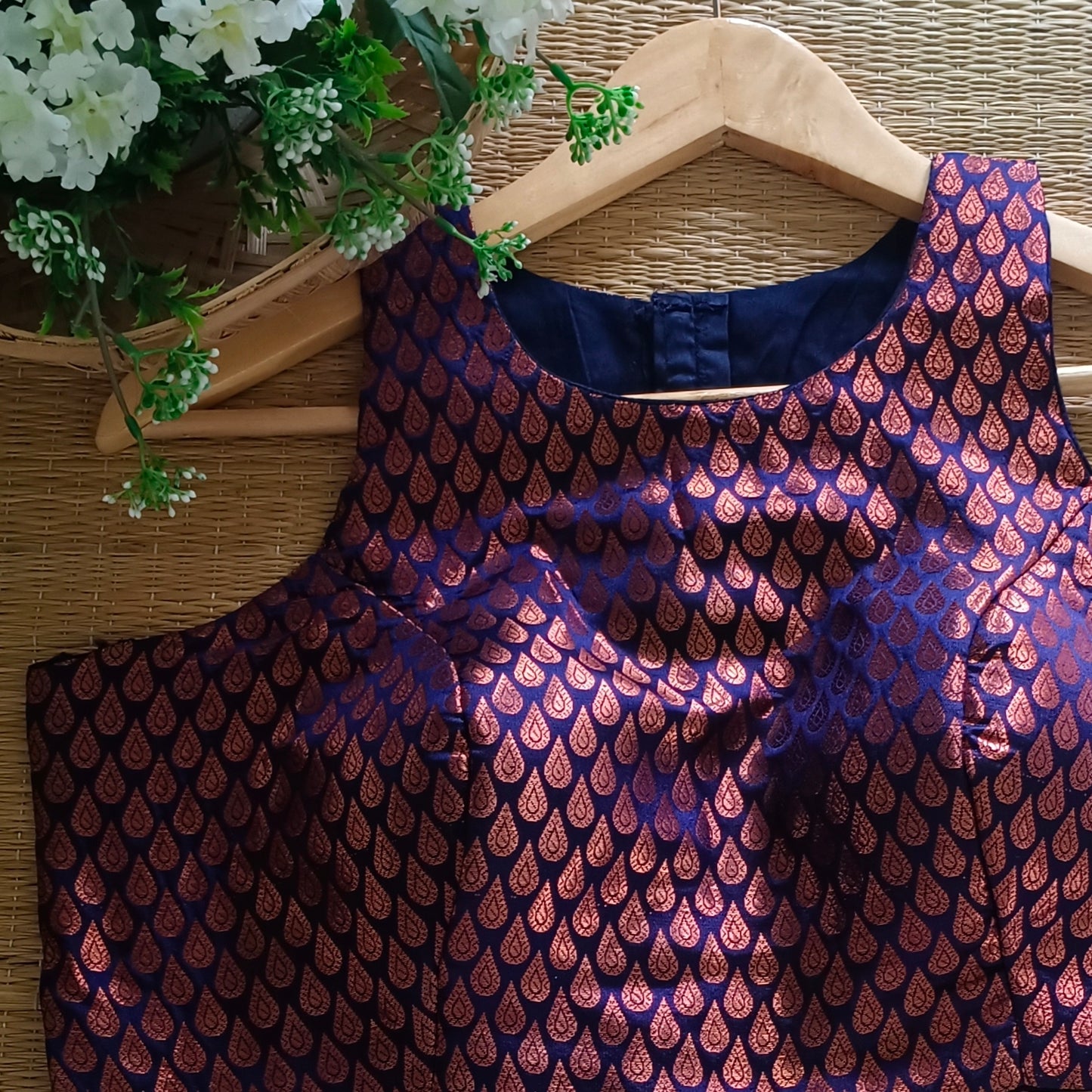 Navy Blue Brocade Sleeveless Blouse