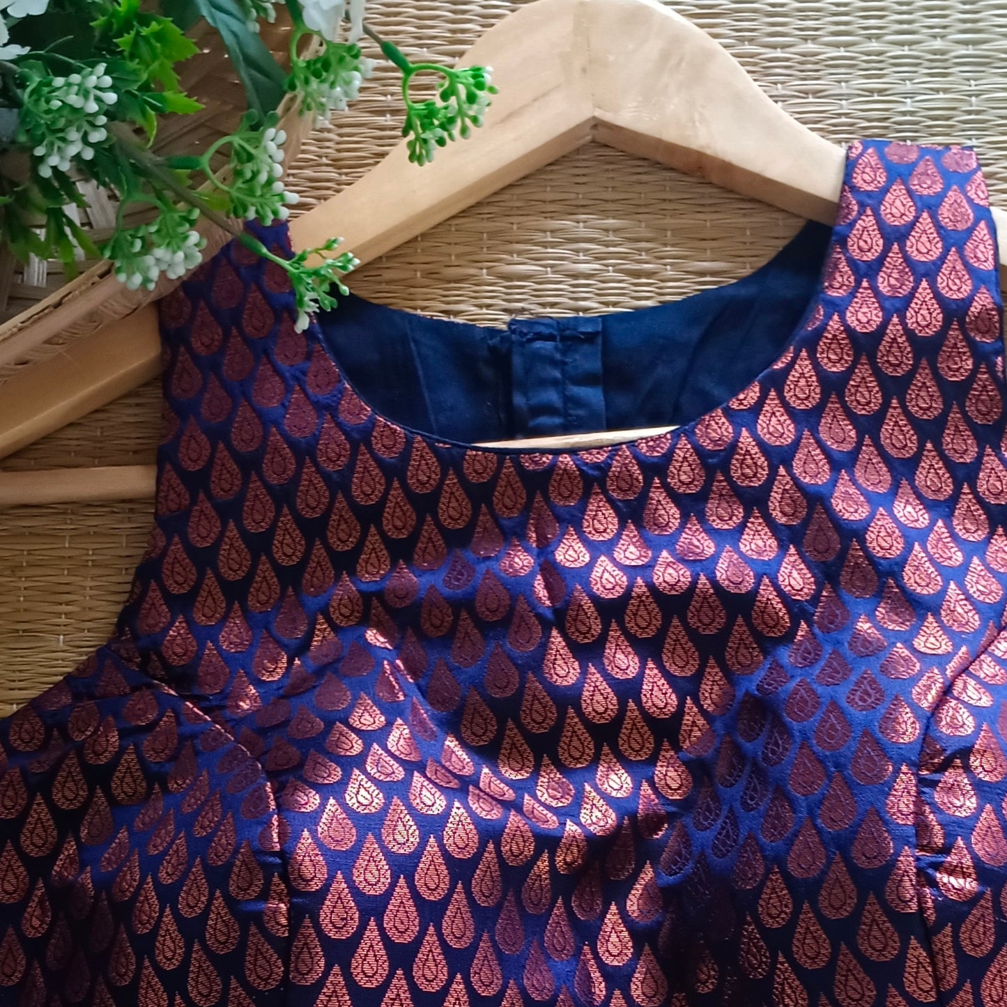 Navy Blue Brocade Sleeveless Blouse