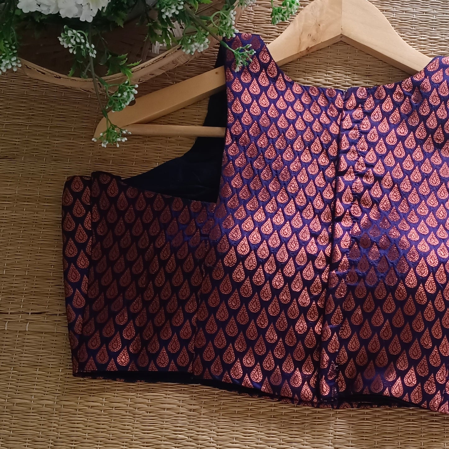 Navy Blue Brocade Sleeveless Blouse