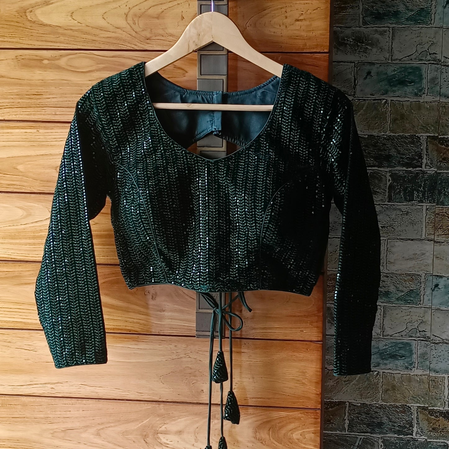 Bottle green velvet full sleeve Blouse