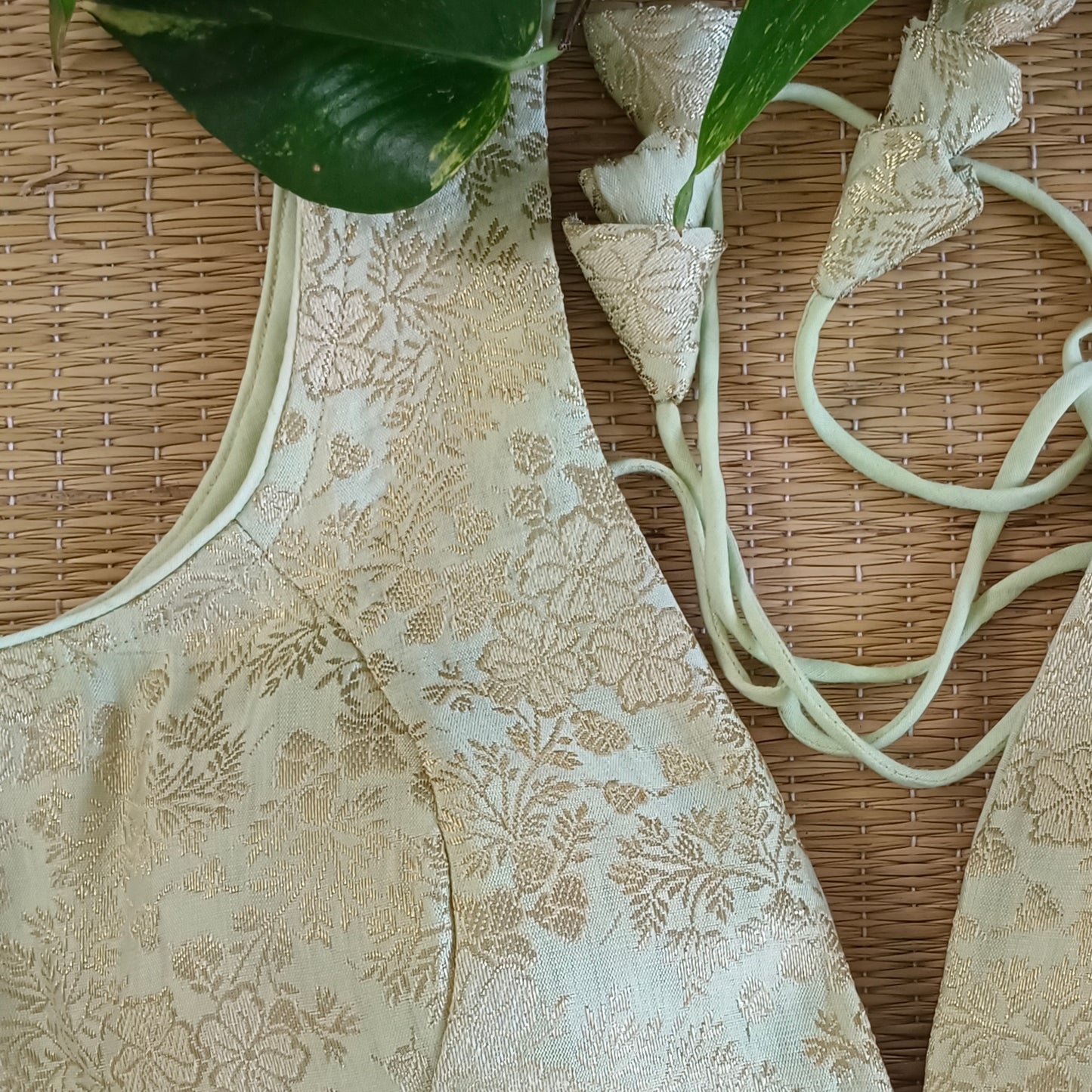 Pastel Green brocade blouse with attachable sleeves