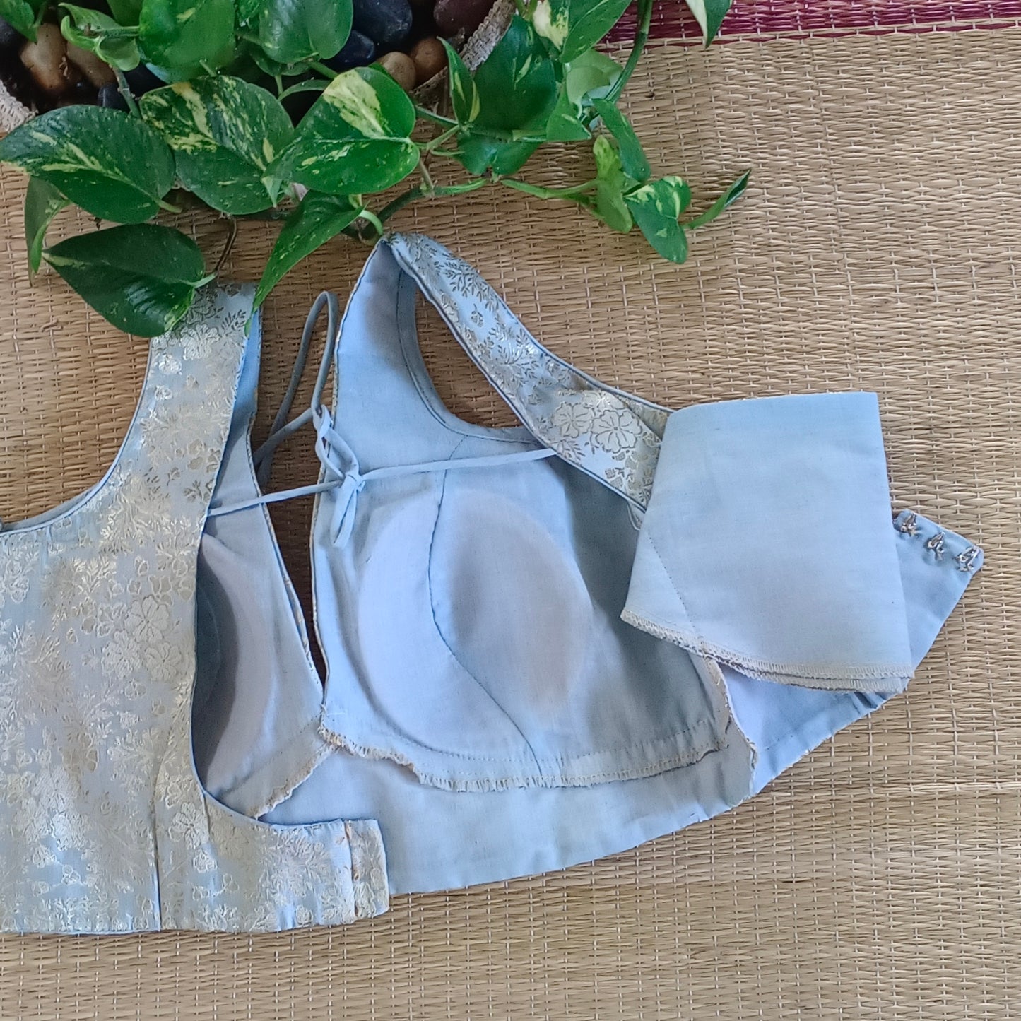 Pastel Blue brocade blouse with attachable sleeves