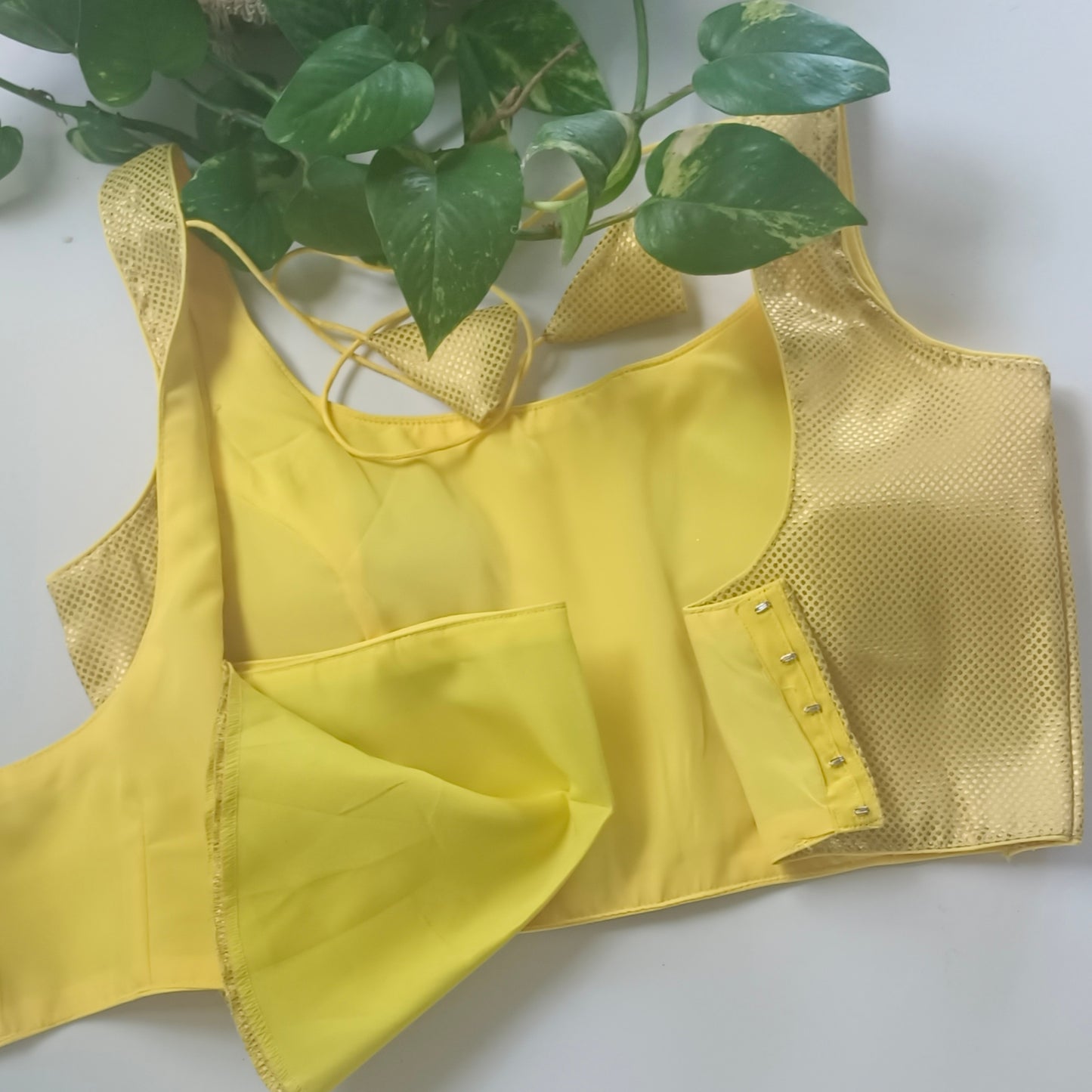 Yellow brocade blouse with attachable sleeves