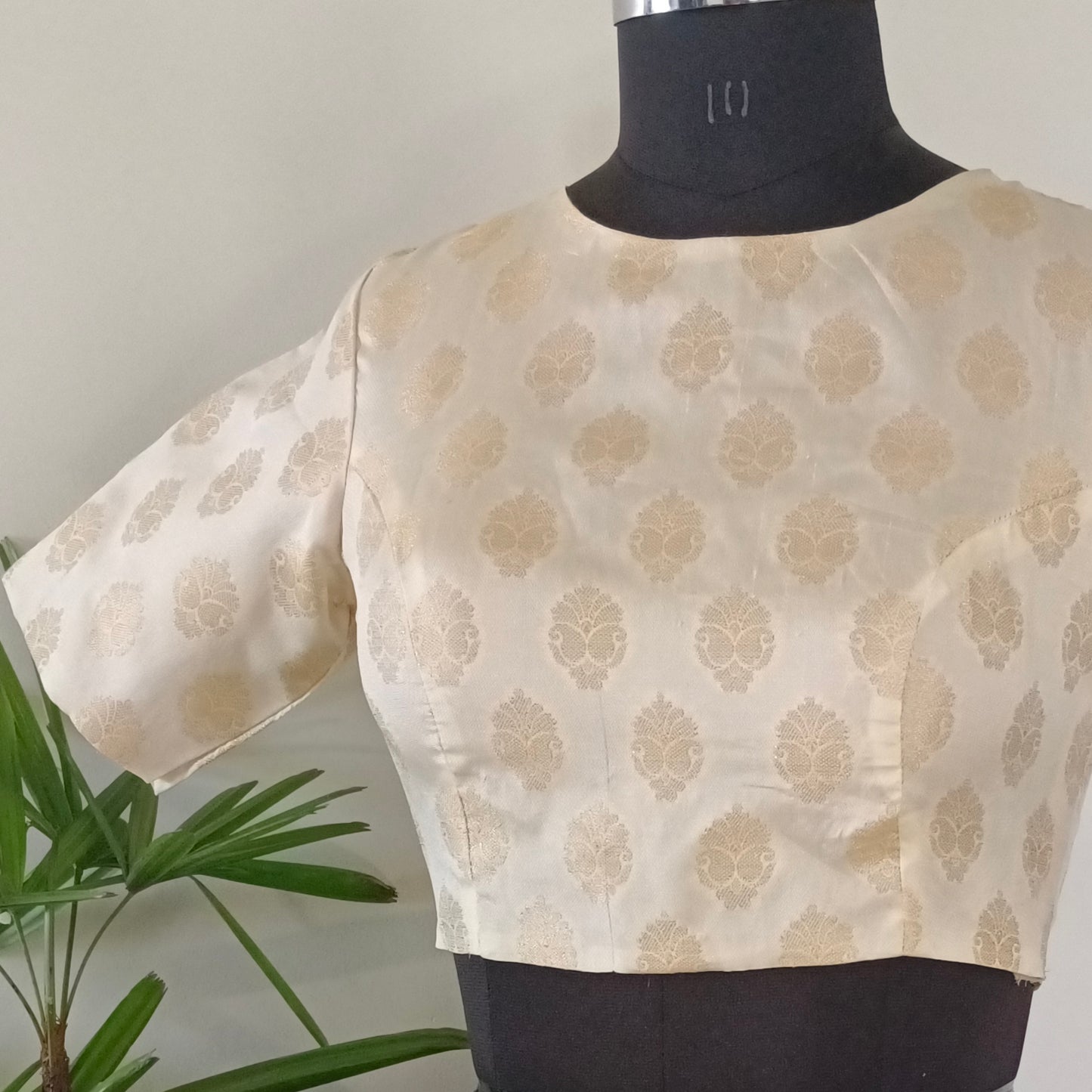 Off White High Neck Brocade Blouse