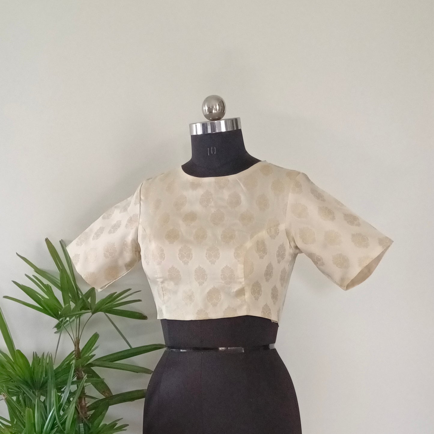 Off White High Neck Brocade Blouse