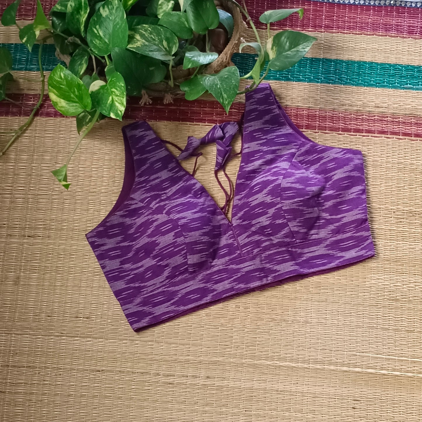 Purple Ikkat cotton blouse with attachable sleeves