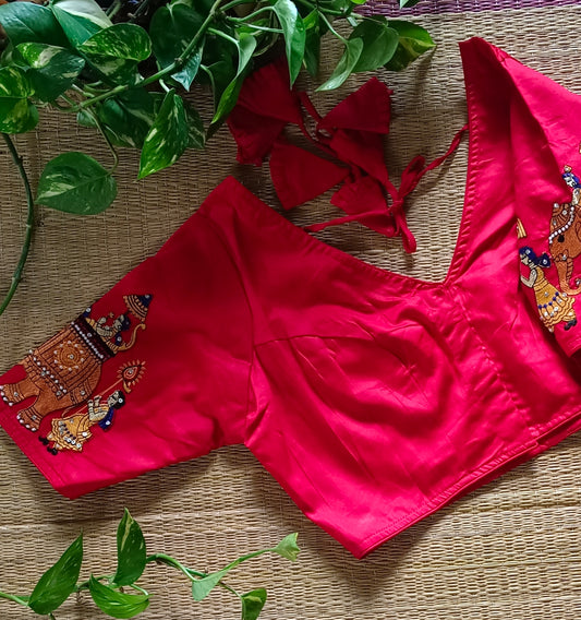 Cherry Red Satin Silk Blouse with Embroidery