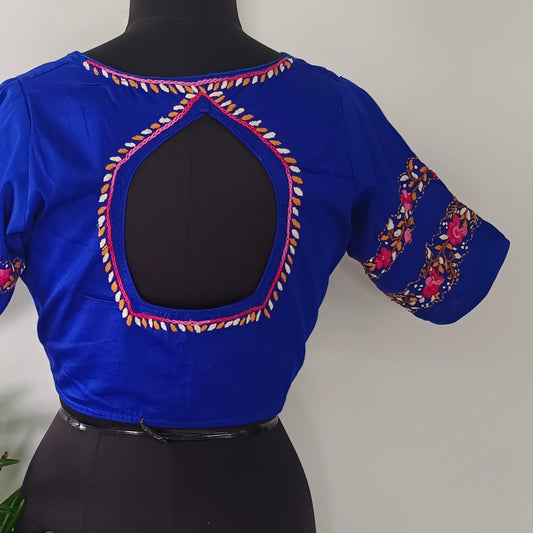 Royal Blue Blouse with multicolor hand embroidery