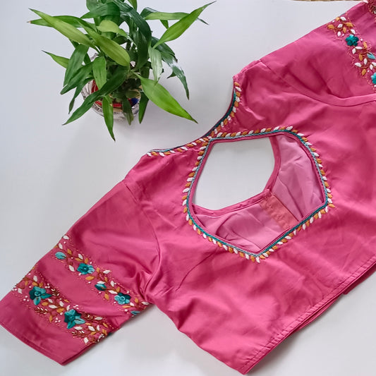 Pink Blouse with multicolor hand embroidery