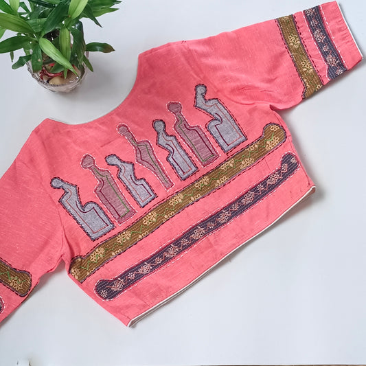 Dark Peach Khadi Patch Work Blouse