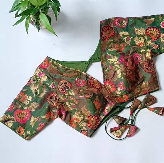 Dark Green Multicolor Brocade Blouse