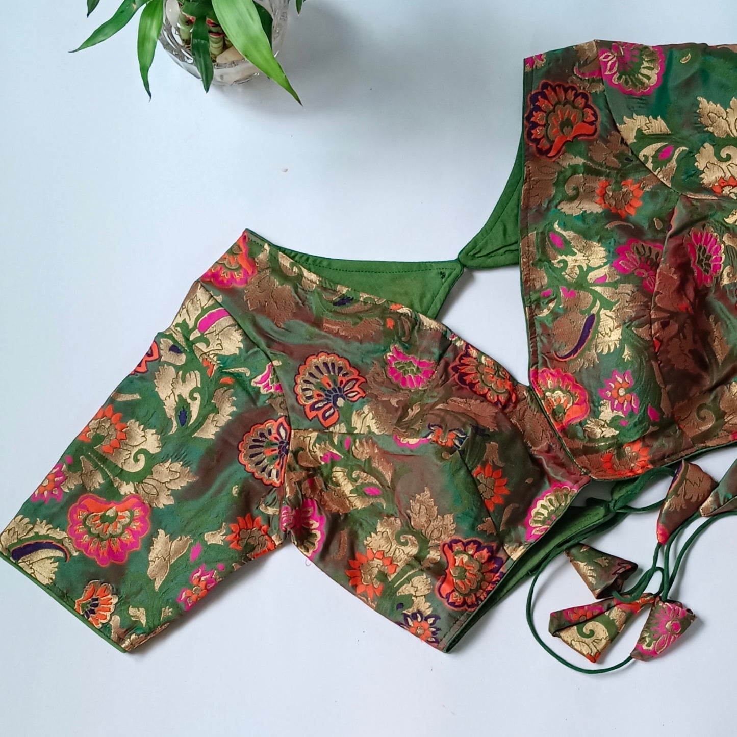 Dark Green Multicolor Brocade Blouse