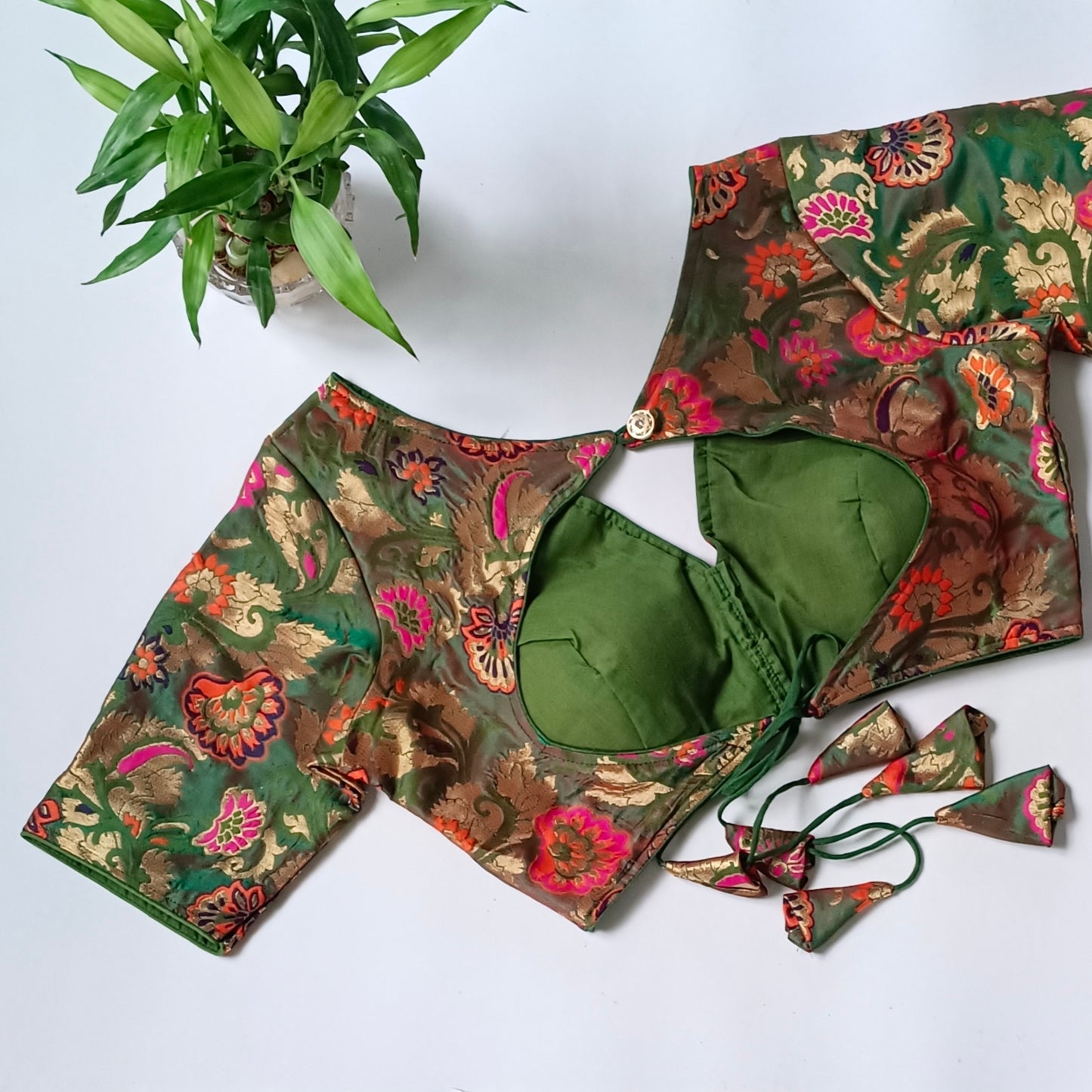 Dark Green Multicolor Brocade Blouse