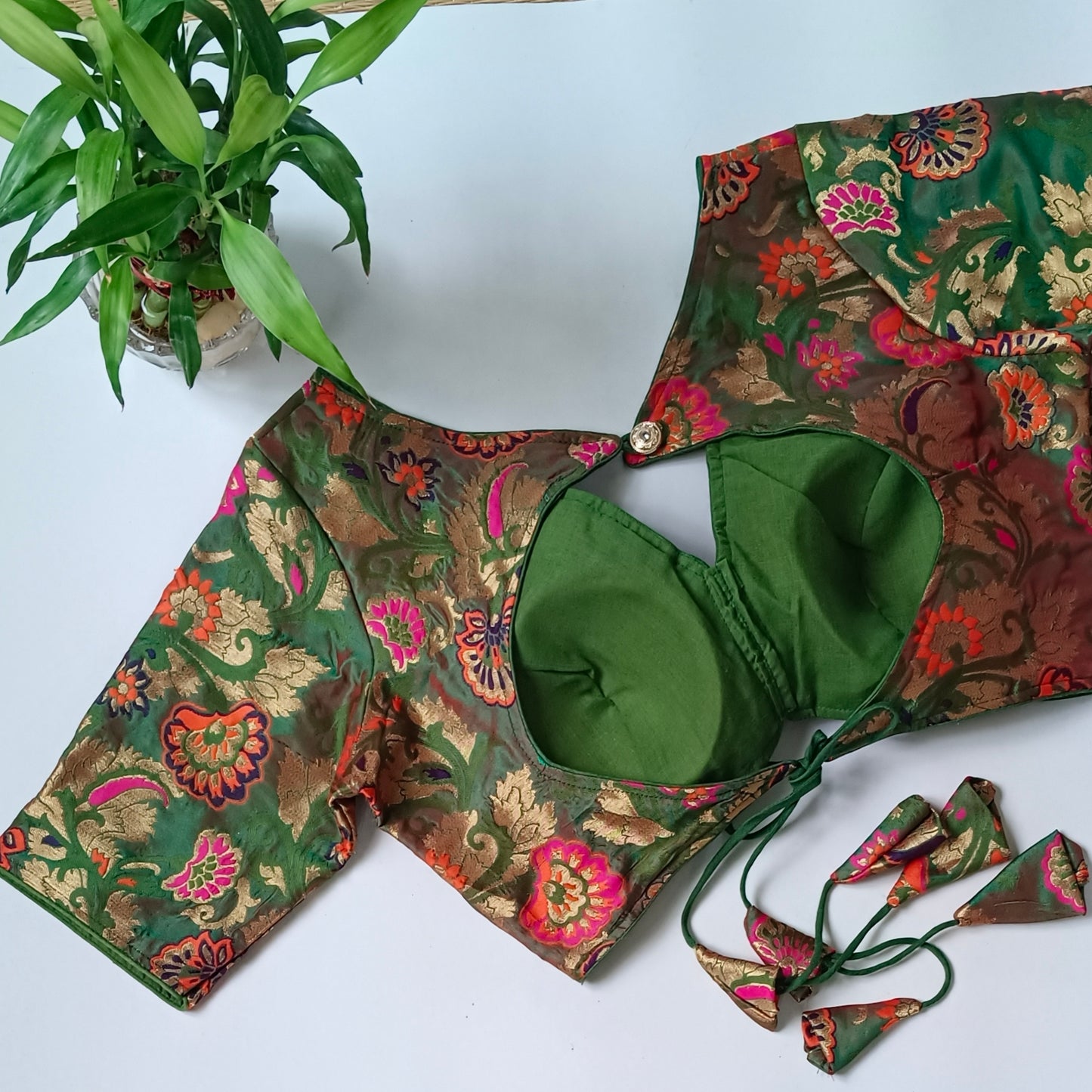 Dark Green Multicolor Brocade Blouse