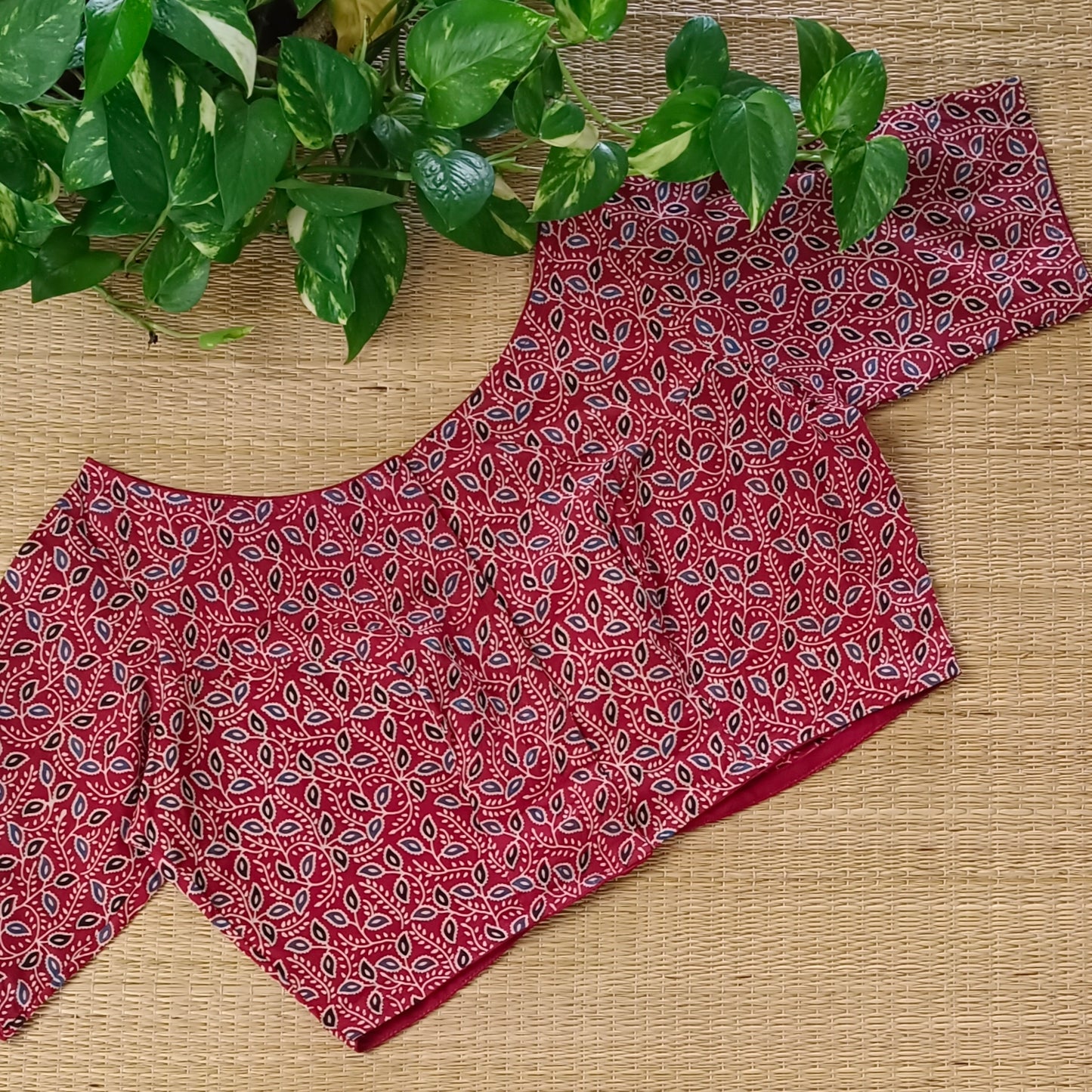 Maroon Printed Cotton Blouse with Boat Neck