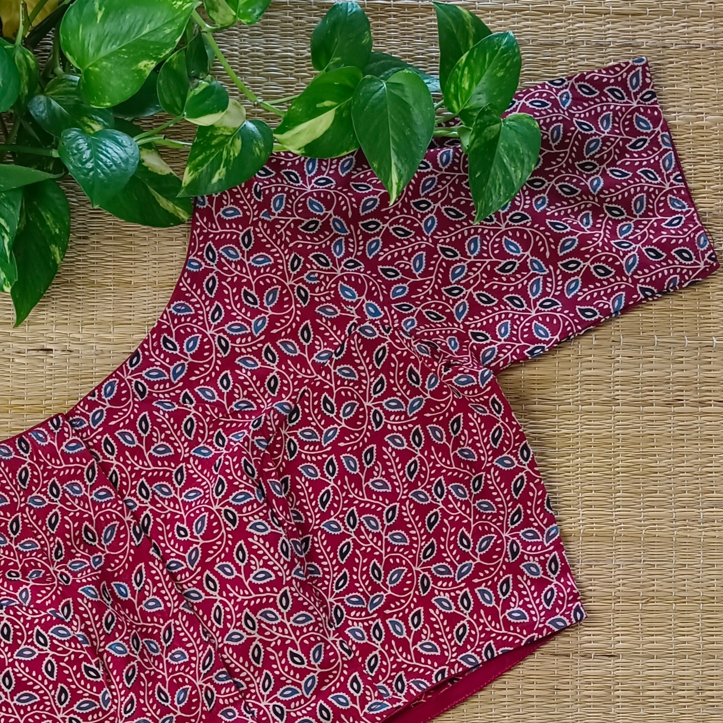 Maroon Printed Cotton Blouse with Boat Neck