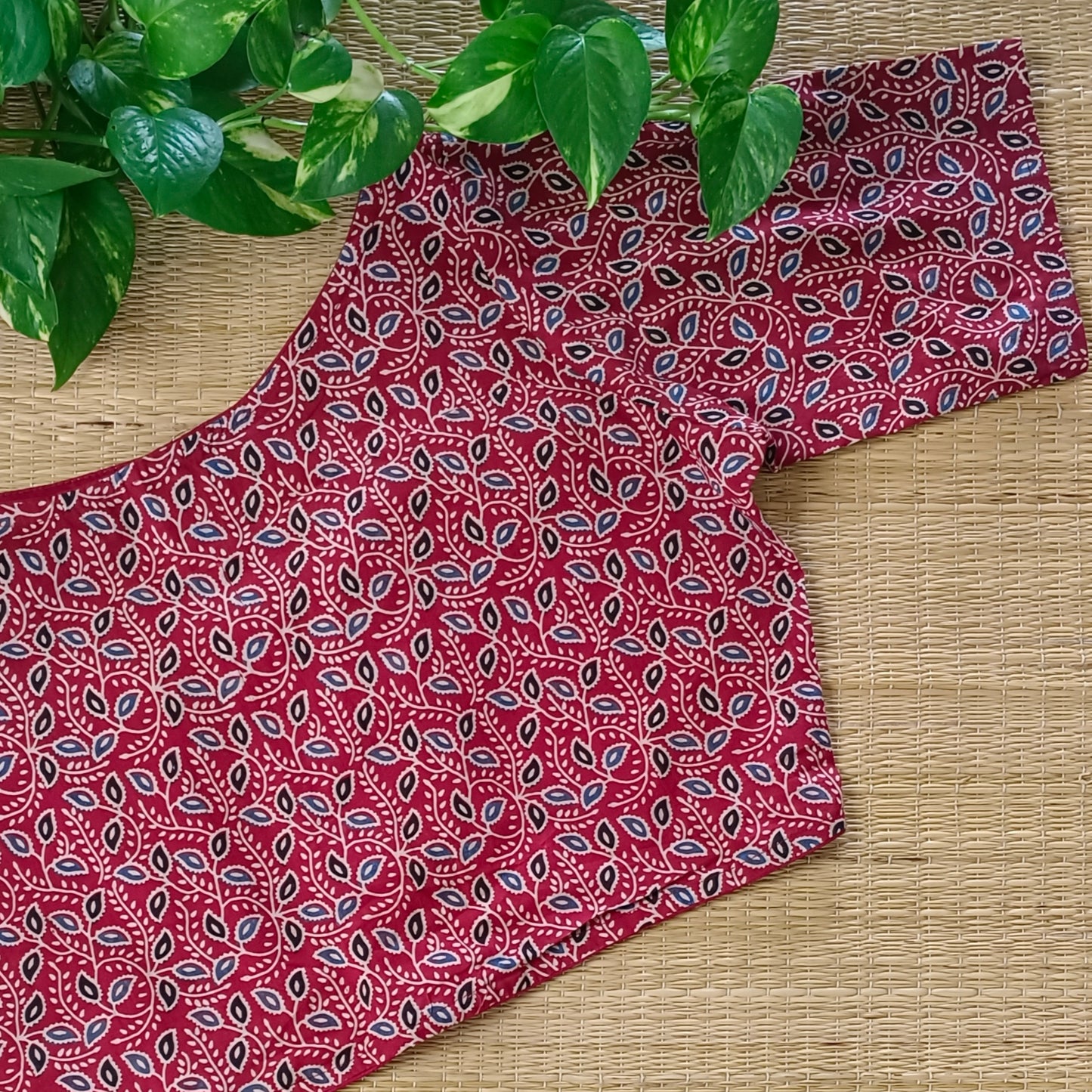 Maroon Printed Cotton Blouse with Boat Neck