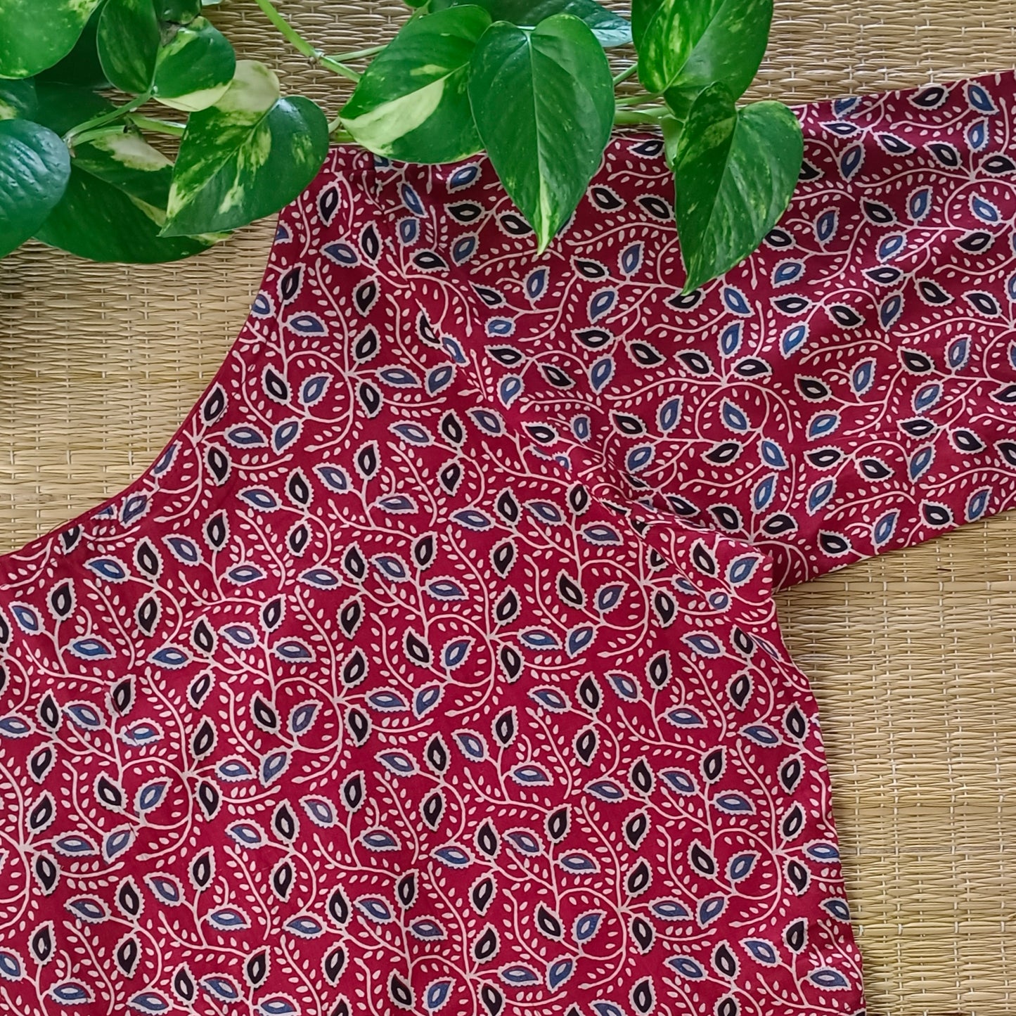 Maroon Printed Cotton Blouse with Boat Neck