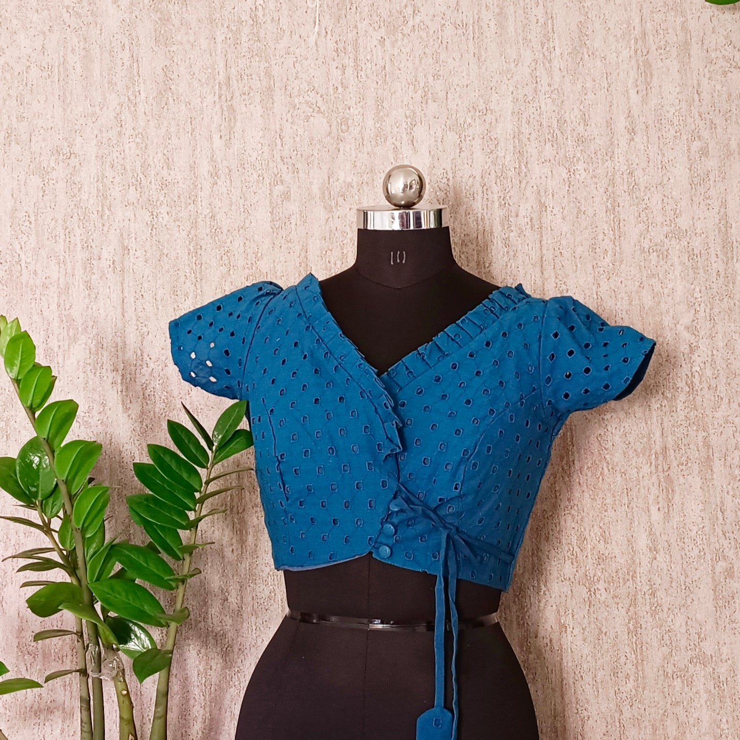 Dark blue cotton side tie blouse