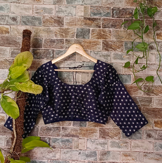 3/4 Puff  Sleeve Navy blue Brocade Blouse