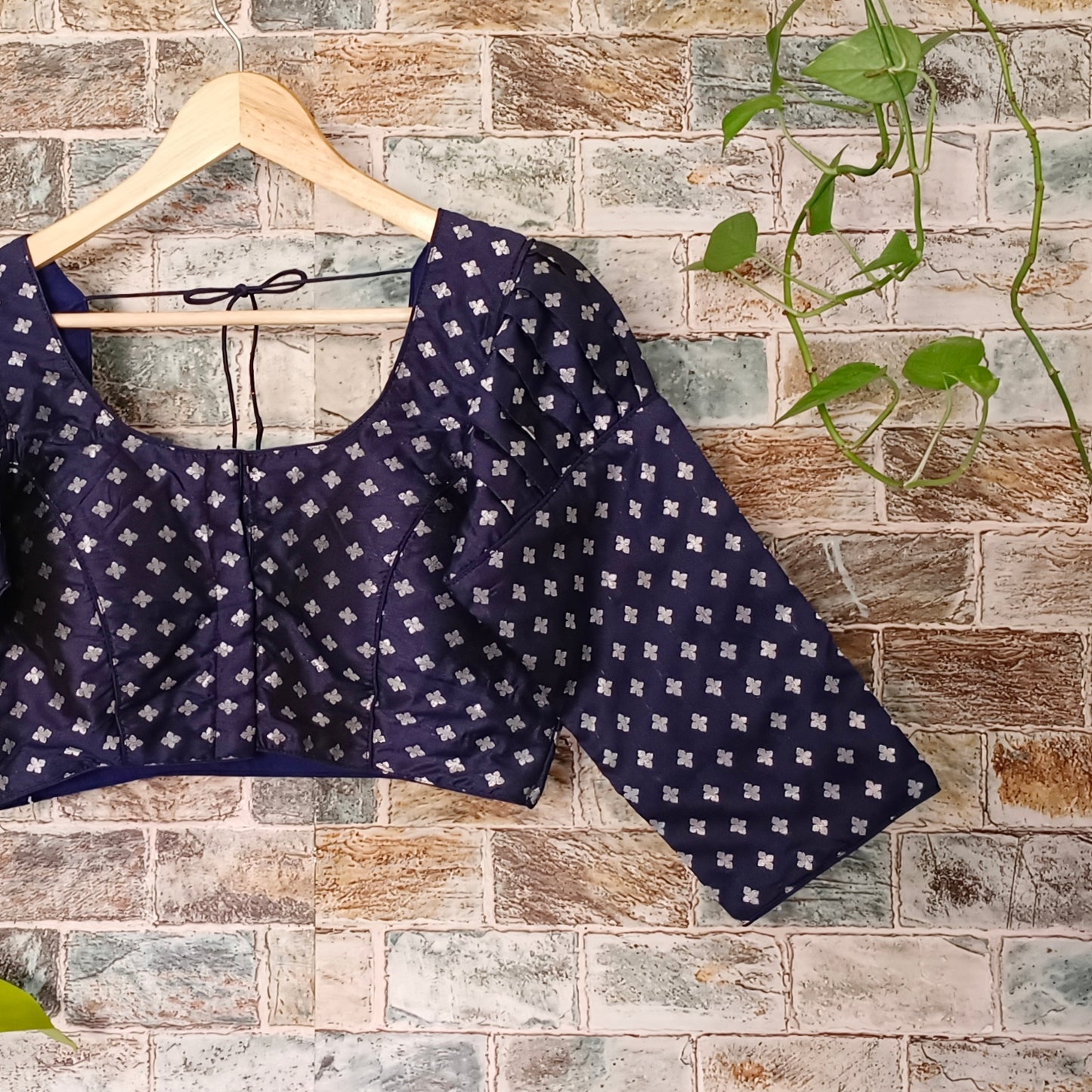 3/4 Puff  Sleeve Navy blue Brocade Blouse