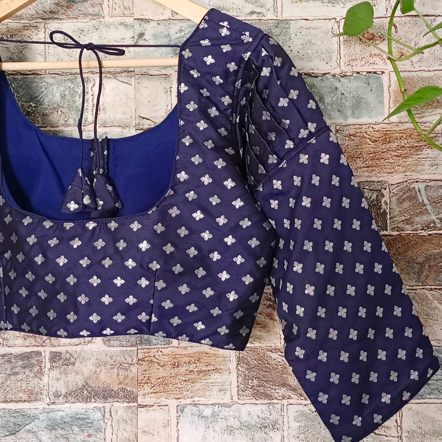 3/4 Puff  Sleeve Navy blue Brocade Blouse