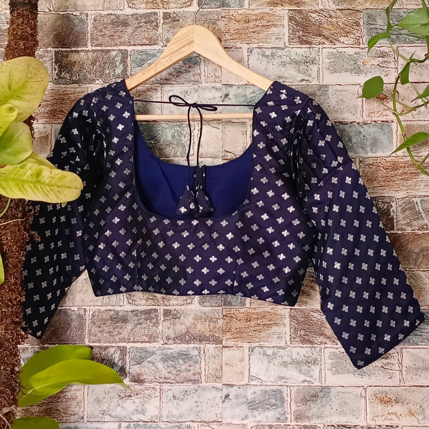 3/4 Puff  Sleeve Navy blue Brocade Blouse