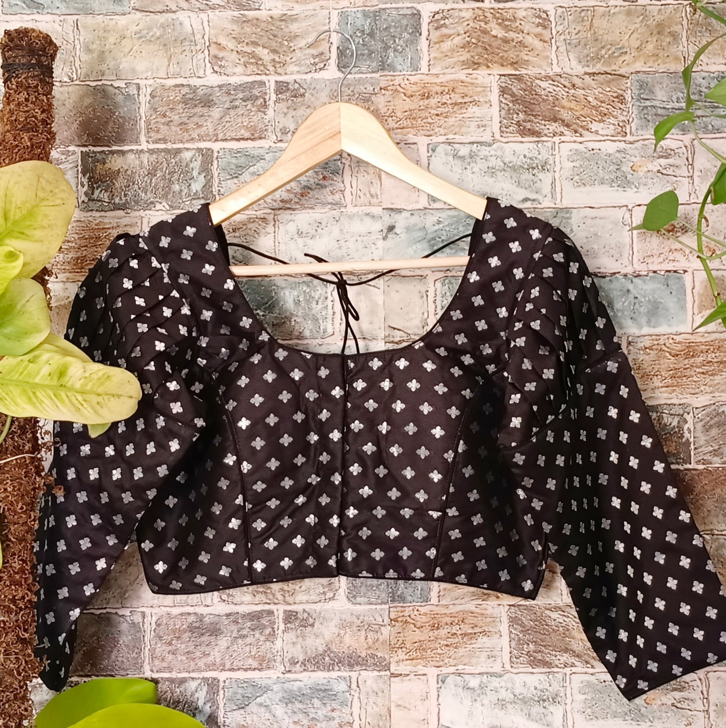 Puff 3/4 Sleeve Black Brocade Blouse