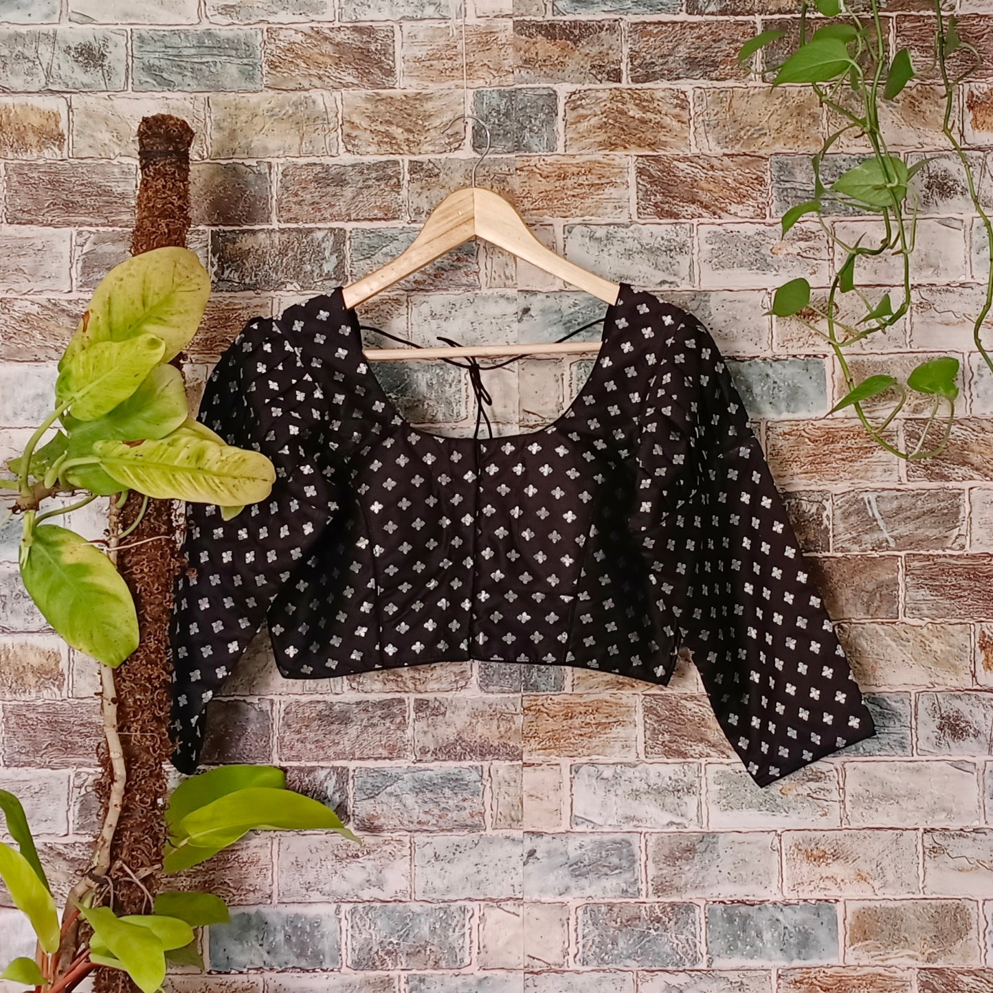 Puff 3/4 Sleeve Black Brocade Blouse