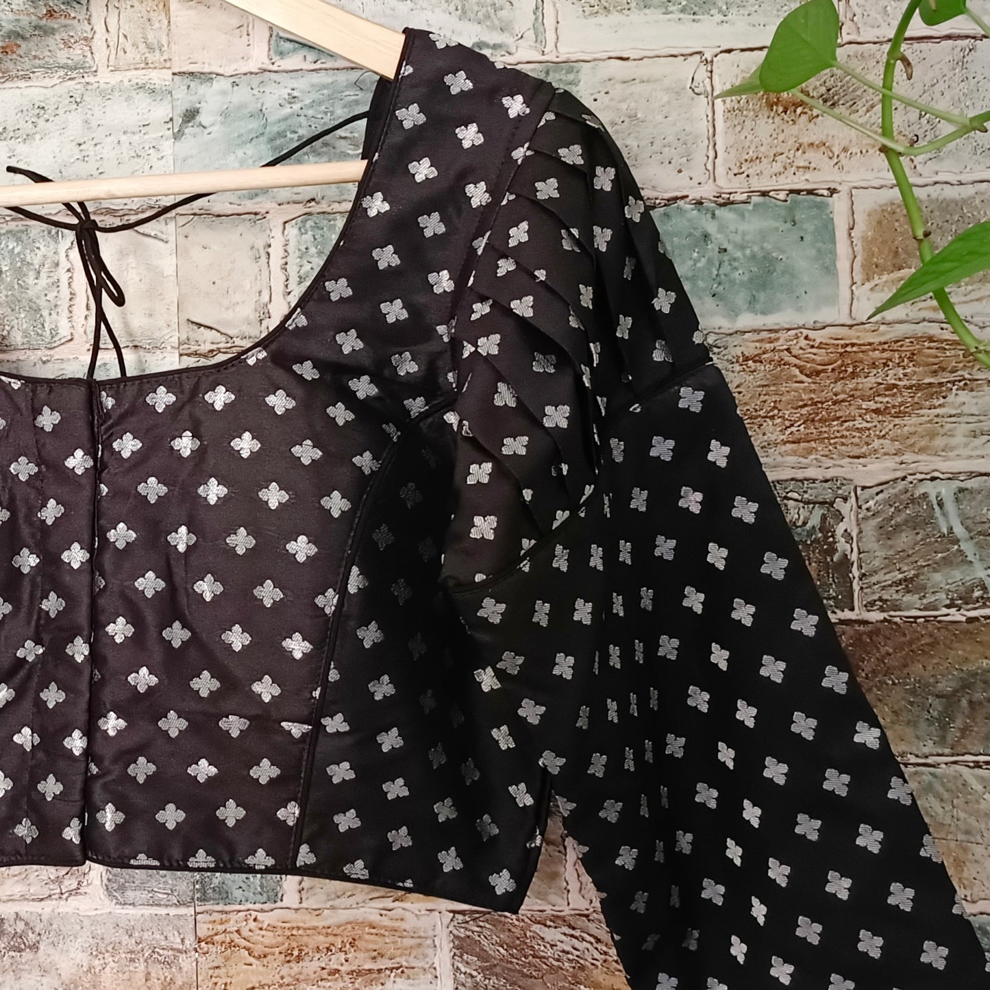 Puff 3/4 Sleeve Black Brocade Blouse