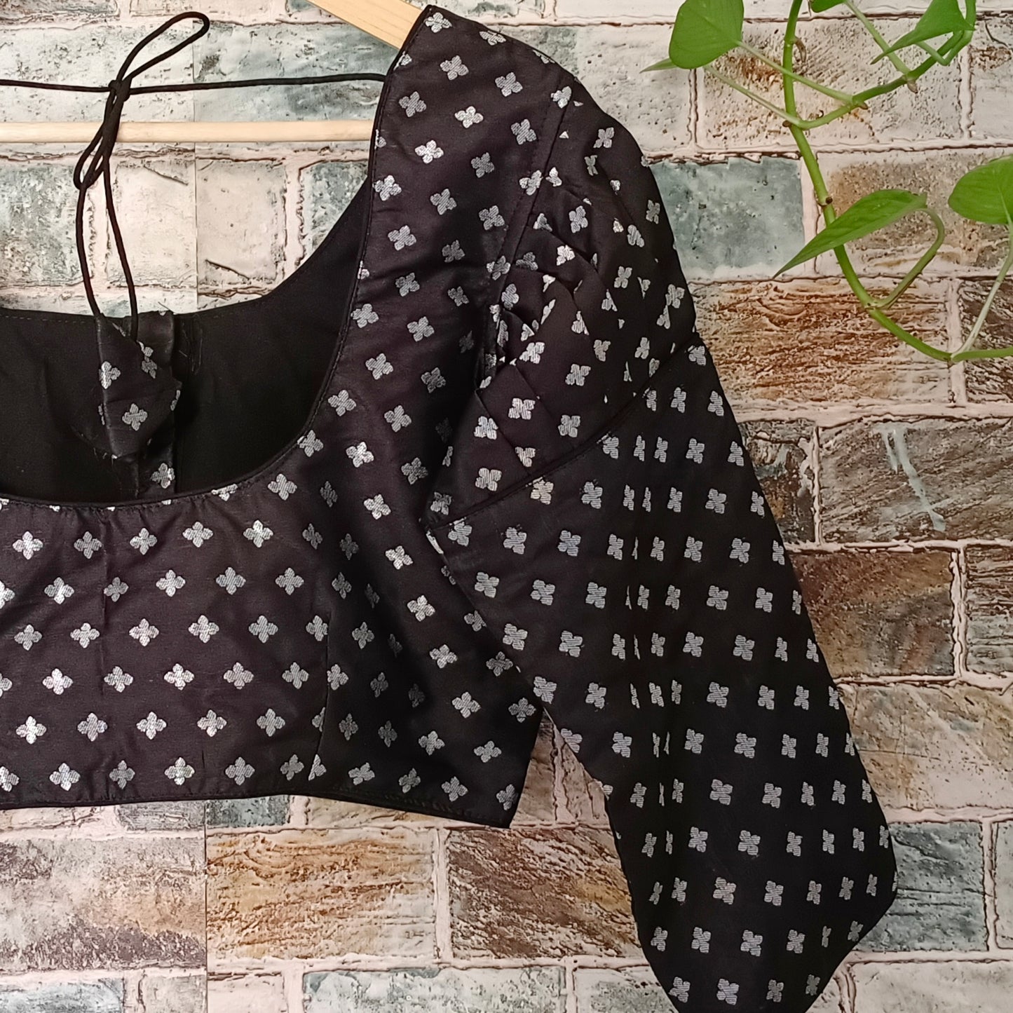 Puff 3/4 Sleeve Black Brocade Blouse