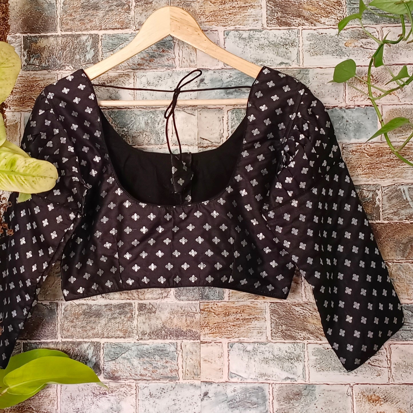 Puff 3/4 Sleeve Black Brocade Blouse