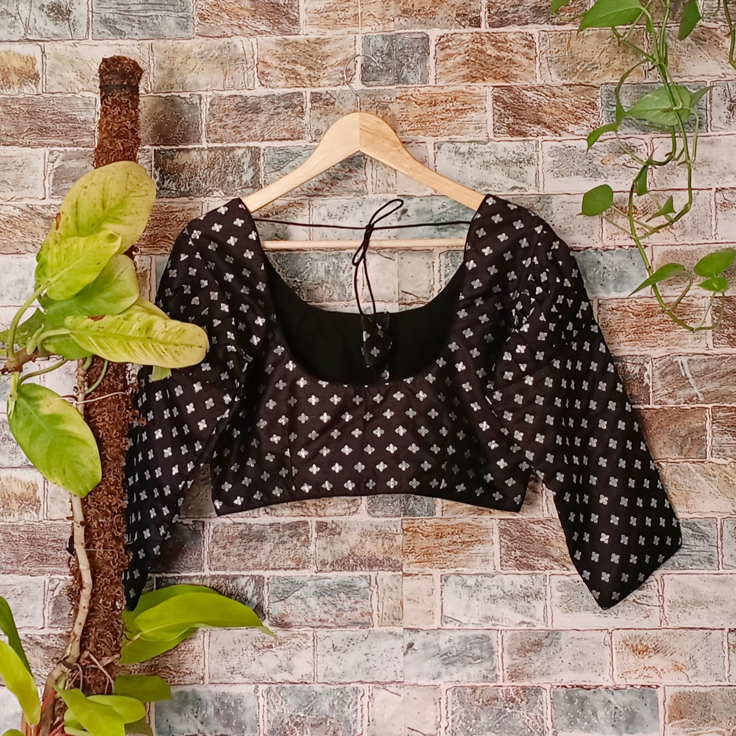 Puff 3/4 Sleeve Black Brocade Blouse